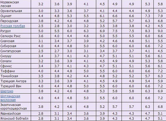 Normes de poids pour les races de chats, partie 2
