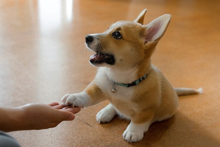 Un chiot Welsh Corgi tend la patte