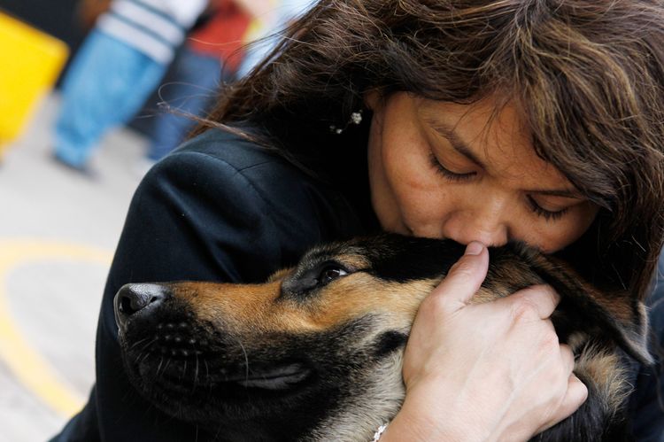 Une femme enlace un chien