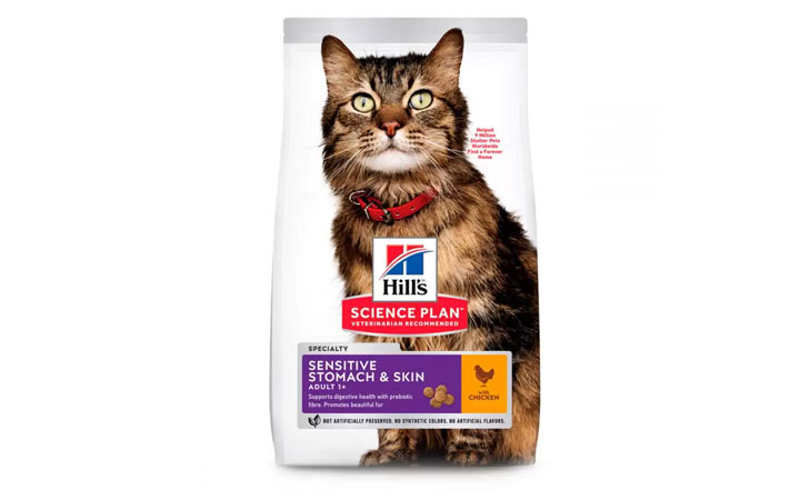 Aliment pour chats Hill's Science Plan Estomac et Peau Sensibles, spécialement conçu pour les chats à digestion sensible.