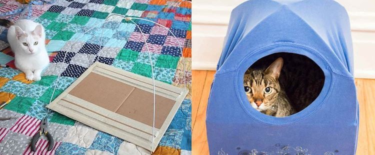 Une maison pour chat fabriquée à partir d'un t-shirt