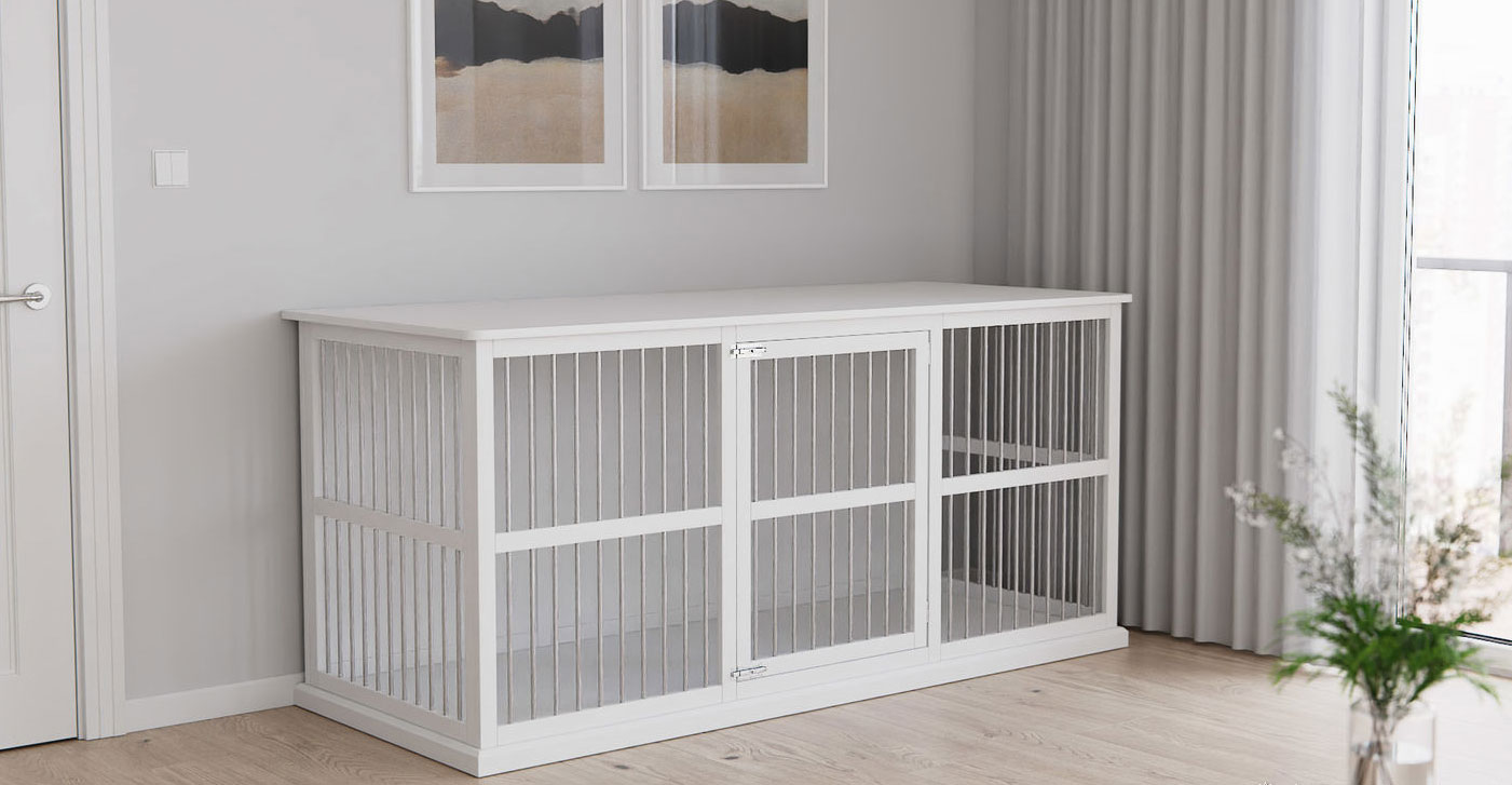 Une cage pour chien dans un appartement